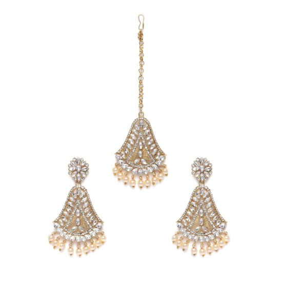 Generic Women's Rose Gold Plated Alloy Kundan Earrings &amp; Mangtikka (White)