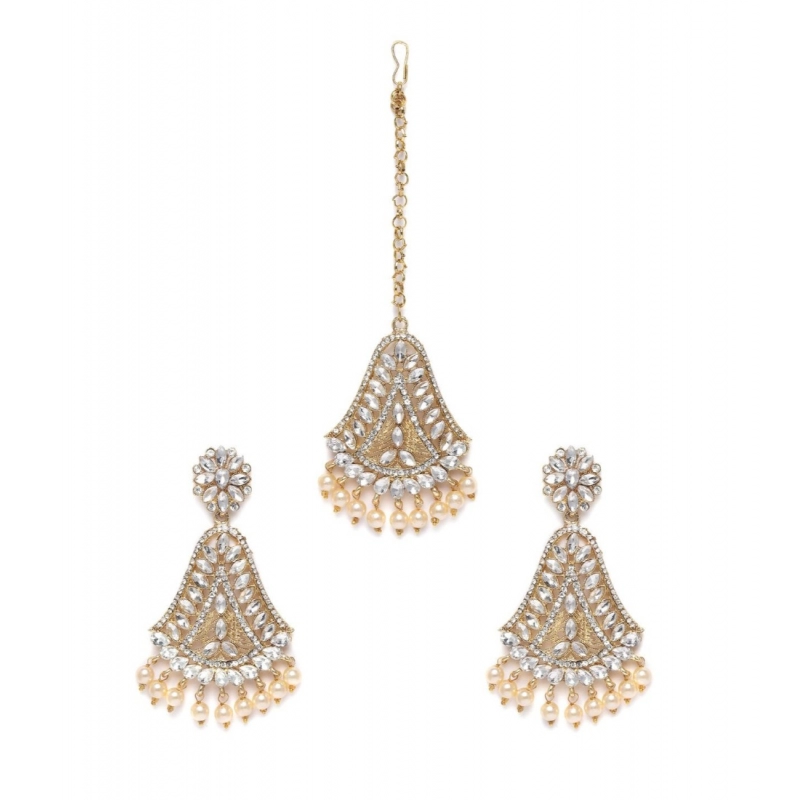 Generic Women's Rose Gold Plated Alloy Kundan Earrings &amp; Mangtikka (White)