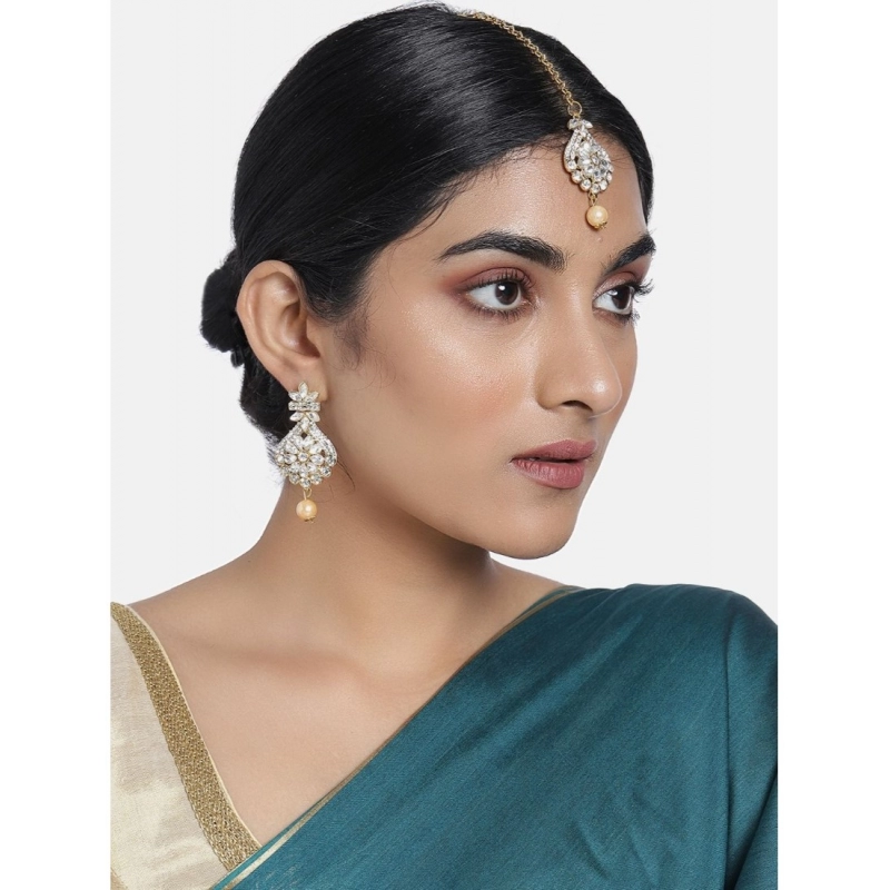 Generic Women's Rose Gold Plated Alloy Kundan Earrings &amp; Mangtikka (White)