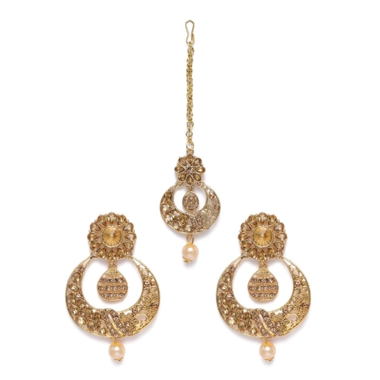 Generic Women's Rose Gold Plated Alloy Kundan Earrings & Mangtikka (Gold) Generic Women's Rose Gold Plated Alloy Kundan Earrings & Mangtikka (Gold)