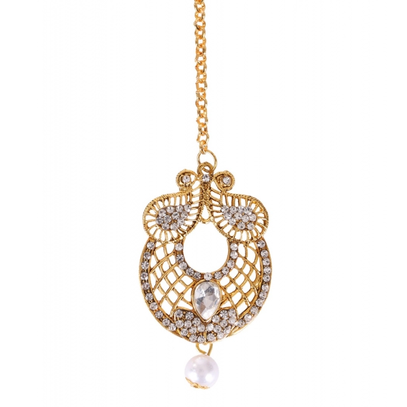 Generic Women's Rose Gold Plated Alloy Kundan Earrings & Mangtikka (White) Generic Women's Rose Gold Plated Alloy Kundan Earrings & Mangtikka (White)