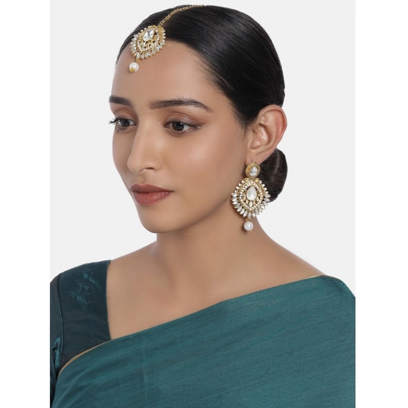 Generic Women's Rose Gold Plated Alloy Kundan Earrings &amp; Mangtikka (White)