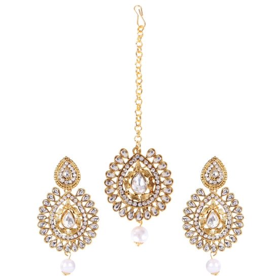 Generic Women's Rose Gold Plated Alloy Kundan Earrings & Mangtikka (White) Generic Women's Rose Gold Plated Alloy Kundan Earrings & Mangtikka (White)