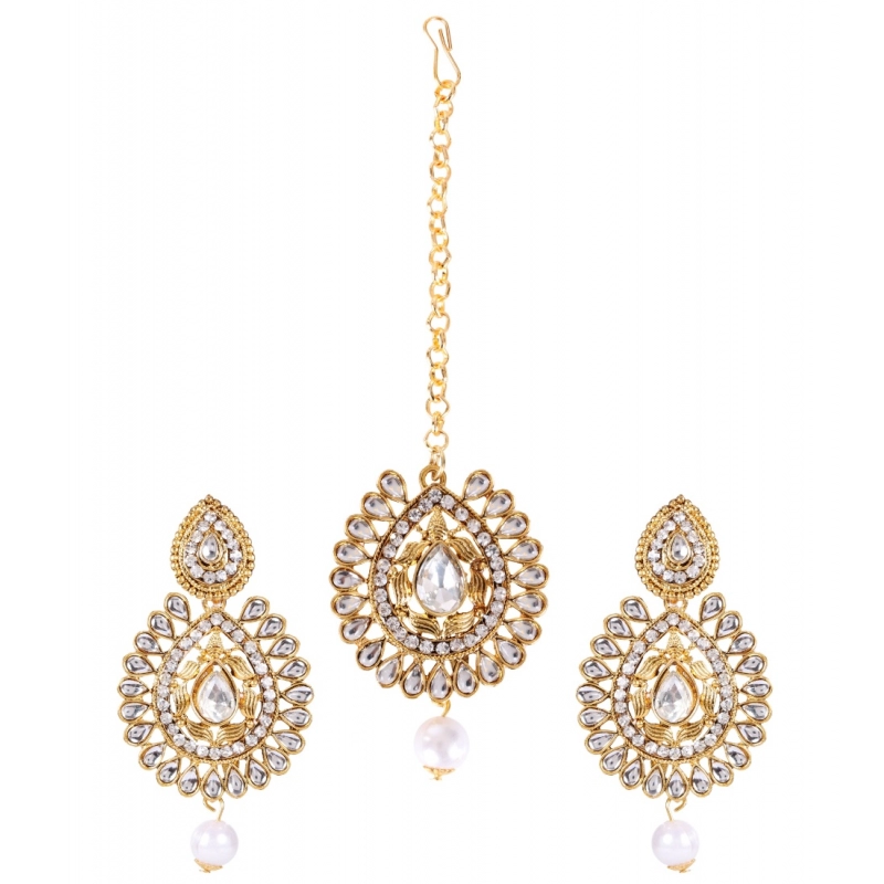 Generic Women's Rose Gold Plated Alloy Kundan Earrings &amp; Mangtikka (White)
