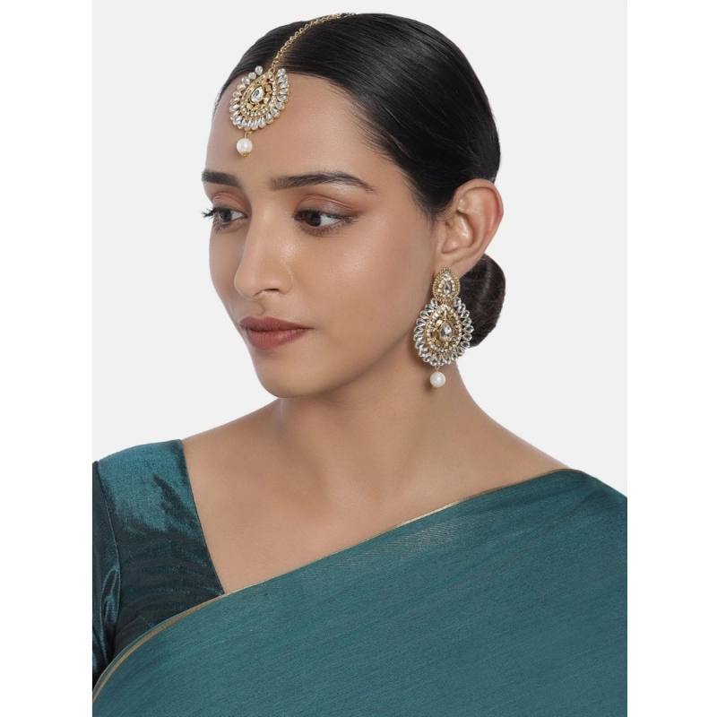 Generic Women's Rose Gold Plated Alloy Kundan Earrings &amp; Mangtikka (White)