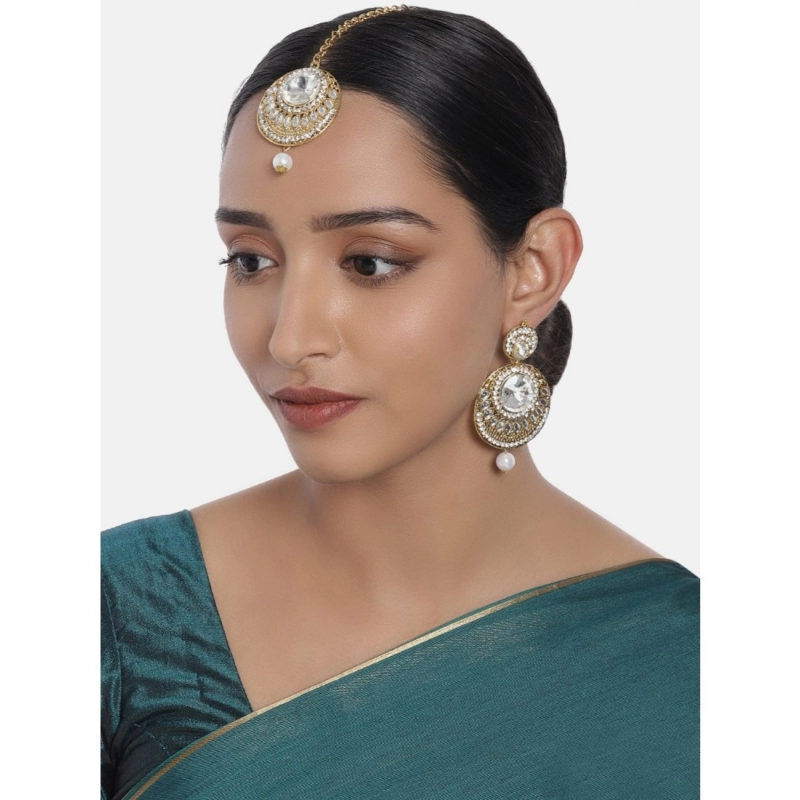 Generic Women's Rose Gold Plated Alloy Kundan Earrings &amp; Mangtikka (White)