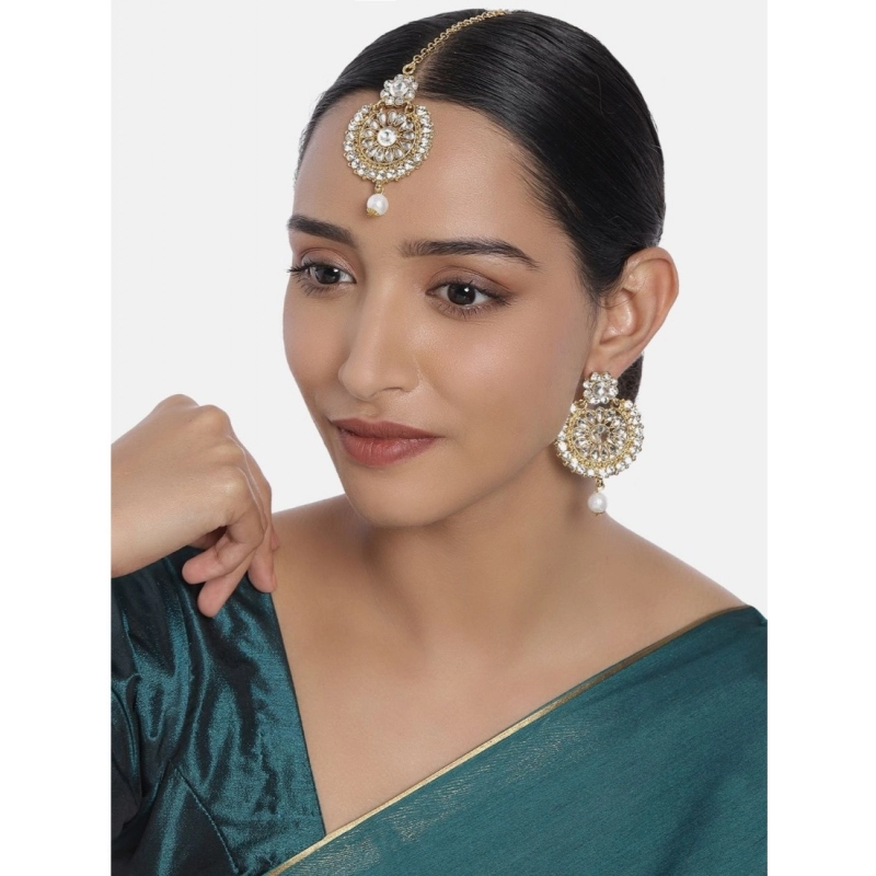 Generic Women's Rose Gold Plated Alloy Kundan Earrings &amp; Mangtikka (White)