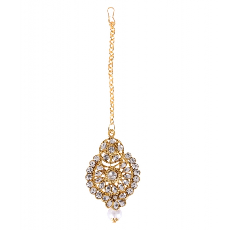 Generic Women's Rose Gold Plated Alloy Kundan Earrings &amp; Mangtikka (White)