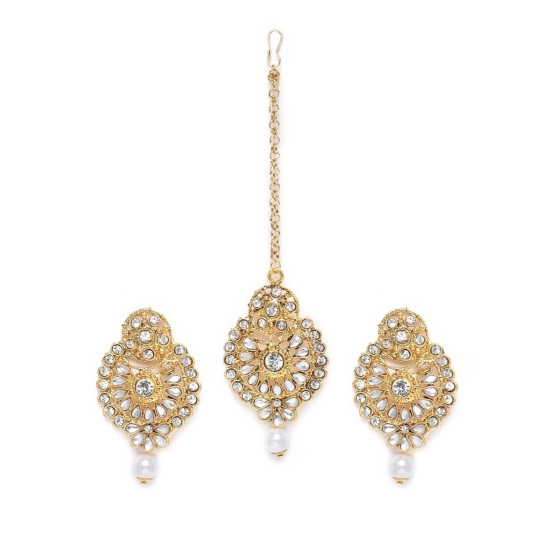 Generic Women's Rose Gold Plated Alloy Kundan Earrings & Mangtikka (White) Generic Women's Rose Gold Plated Alloy Kundan Earrings & Mangtikka (White)