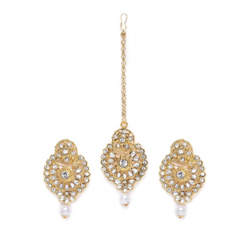 Generic Women's Rose Gold Plated Alloy Kundan Earrings &amp; Mangtikka (White)