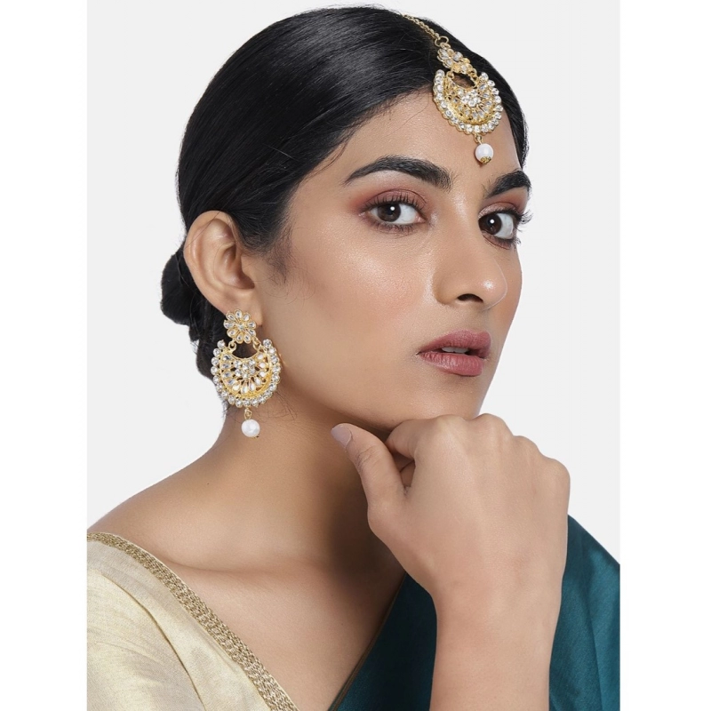 Generic Women's Rose Gold Plated Alloy Kundan Earrings &amp; Mangtikka (White)