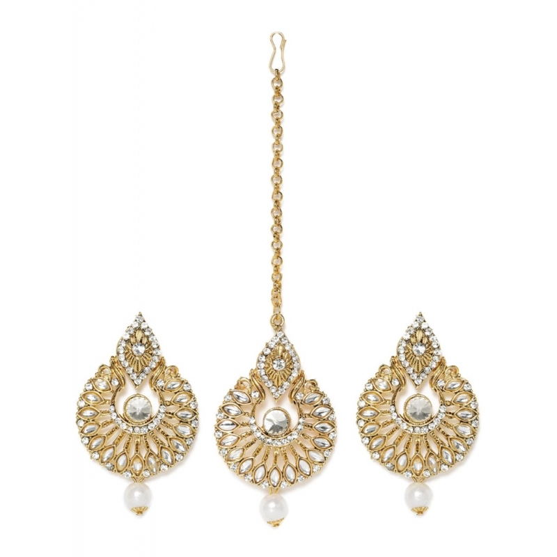Generic Women's Rose Gold Plated Alloy Kundan Earrings &amp; Mangtikka (White)