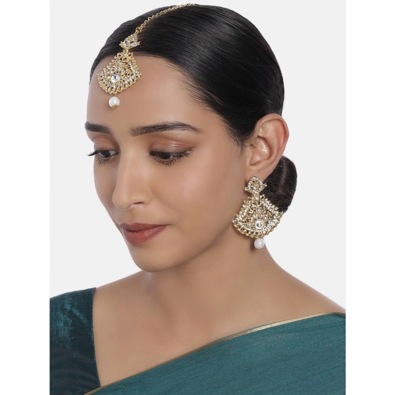 Generic Women's Rose Gold Plated Alloy Kundan Earrings &amp; Mangtikka (White)