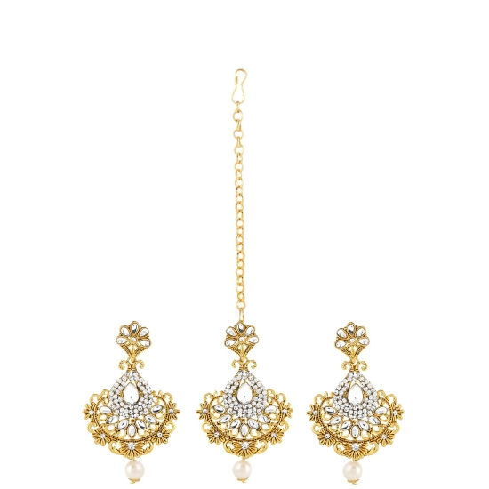 Generic Women's Rose Gold Plated Alloy Kundan Earrings &amp; Mangtikka (White)