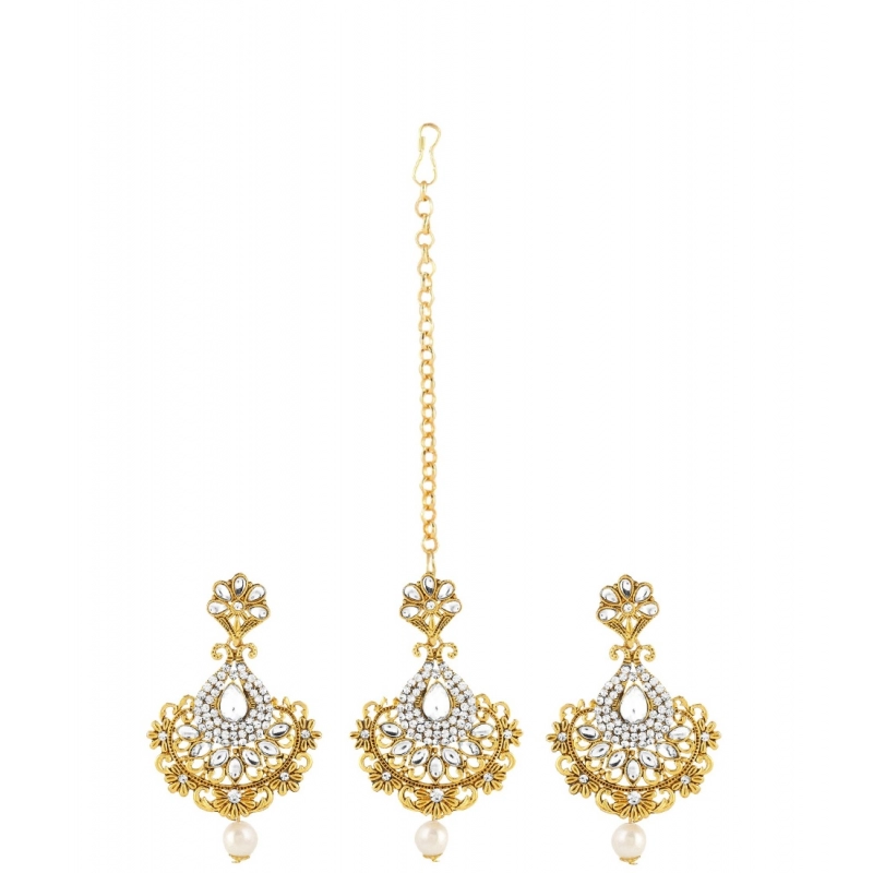 Generic Women's Rose Gold Plated Alloy Kundan Earrings &amp; Mangtikka (White)