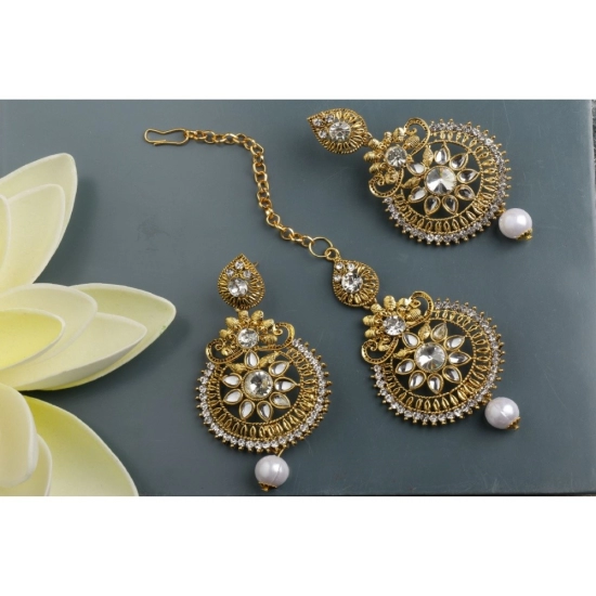 Generic Women's Rose Gold Plated Alloy Kundan Earrings &amp; Mangtikka (White)