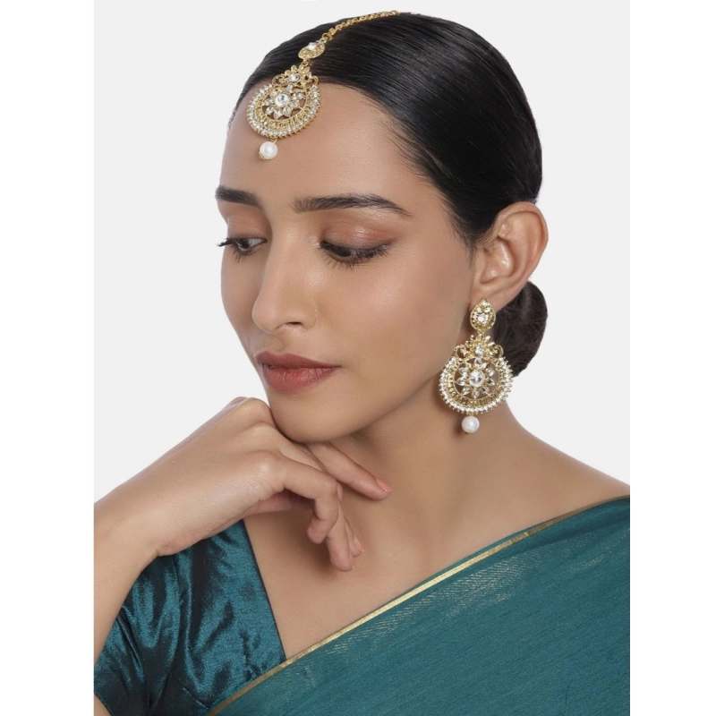 Generic Women's Rose Gold Plated Alloy Kundan Earrings & Mangtikka (White) Generic Women's Rose Gold Plated Alloy Kundan Earrings & Mangtikka (White)