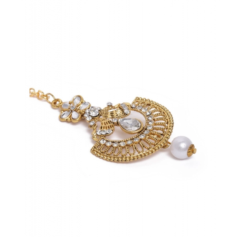 Generic Women's Rose Gold Plated Alloy Kundan Earrings &amp; Mangtikka (White)