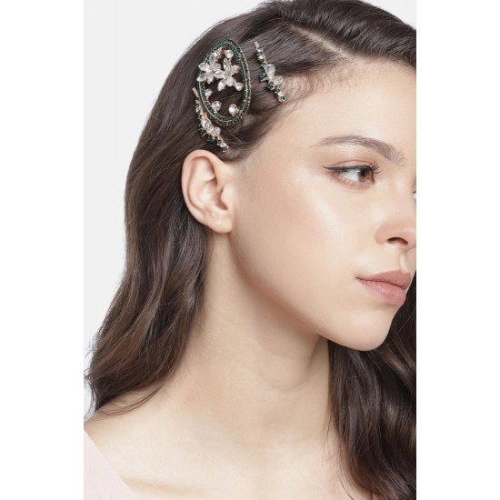 Generic Women's Rose Gold Plated Alloy Hair Pin Set (Green)