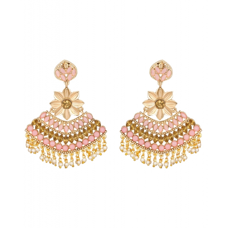 Generic Women's Rose Gold Plated Alloy Kundan Earrings &amp; Mangtikka (Pink)