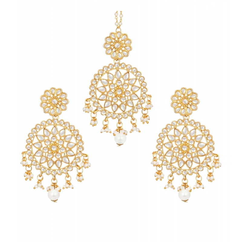 Generic Women's Rose Gold Plated Alloy Kundan Earrings &amp; Mangtikka (White)