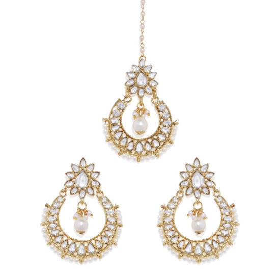 Generic Women's Rose Gold Plated Alloy Kundan Earrings & Mangtikka (White) Generic Women's Rose Gold Plated Alloy Kundan Earrings & Mangtikka (White)