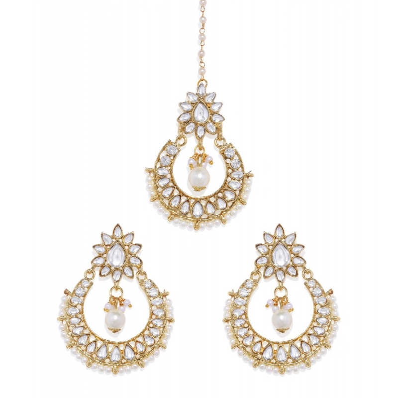 Generic Women's Rose Gold Plated Alloy Kundan Earrings &amp; Mangtikka (White)