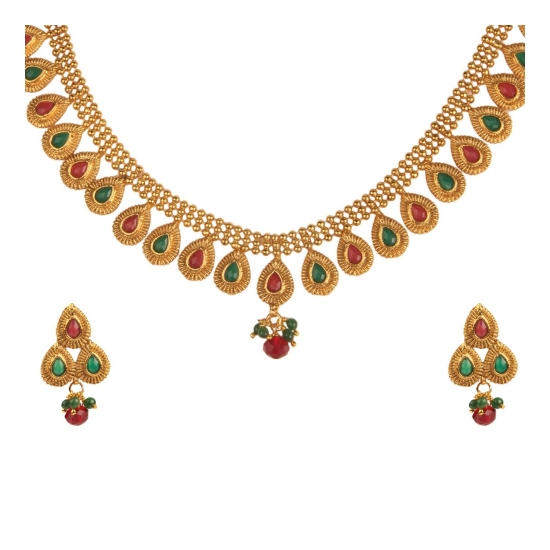 Generic Women's Rose Gold Plated Alloy Choker Necklace Set (Green &amp; Red)