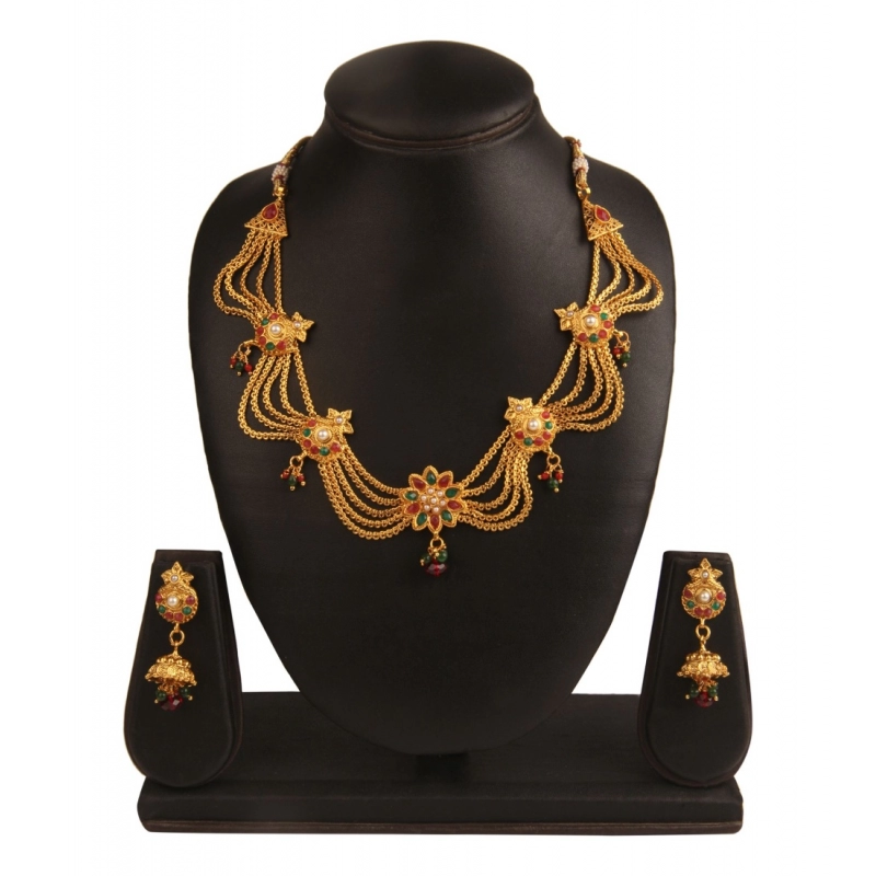 Generic Women's Rose Gold Plated Alloy Necklace Set (Green &amp; Red)