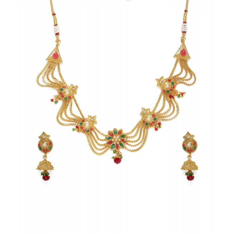 Generic Women's Rose Gold Plated Alloy Necklace Set (Green &amp; Red)
