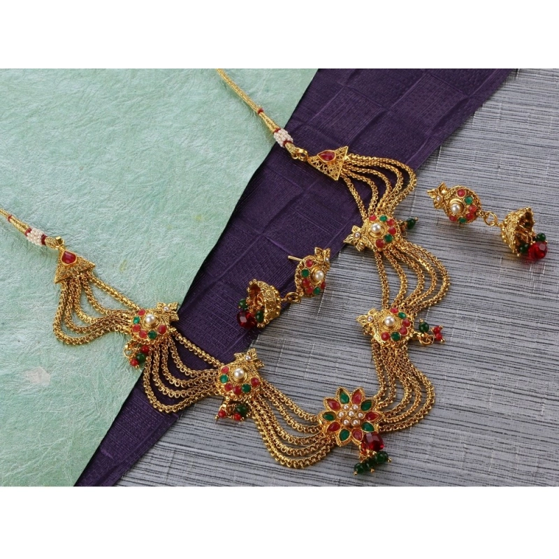 Generic Women's Rose Gold Plated Alloy Necklace Set (Green &amp; Red)