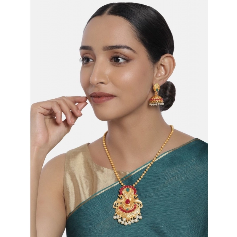 Generic Women's Rose Gold Plated Alloy Jewellery Chain Pendant Sets (Gold &amp; Red)