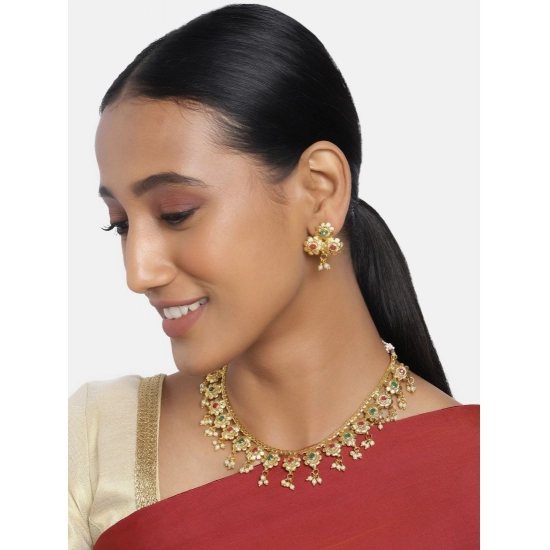 Generic Women's Rose Gold Plated Alloy Necklace &amp; Earings Set (Green &amp; Red)