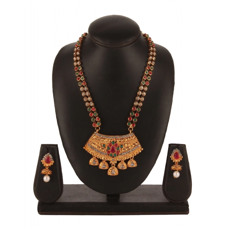 Generic Women's Rose Gold Plated Alloy Necklace & Earings Set (Green & Red) Generic Women's Rose Gold Plated Alloy Necklace & Earings Set (Green & Red)