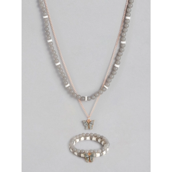 Generic Women's Rose Gold Plated Brass Pendant Chain With Beaded Bracelet (Grey)