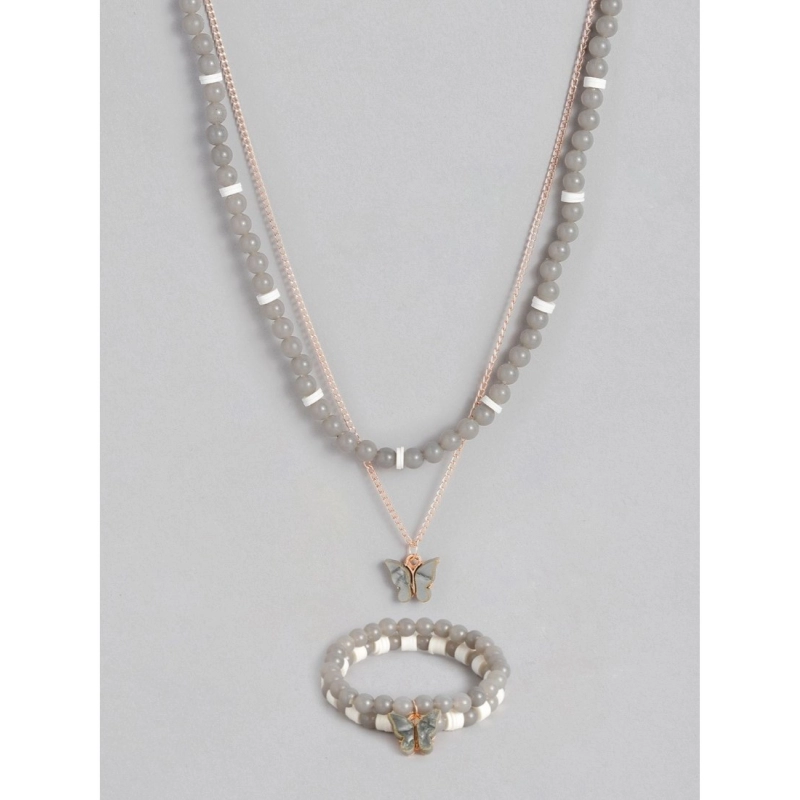 Generic Women's Rose Gold Plated Brass Pendant Chain With Beaded Bracelet (Grey)