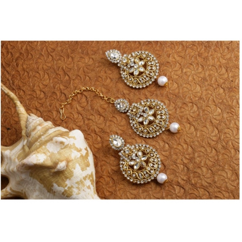 Generic Women's Rose Gold Plated Alloy Kundan Earrings &amp; Mangtikka (White)