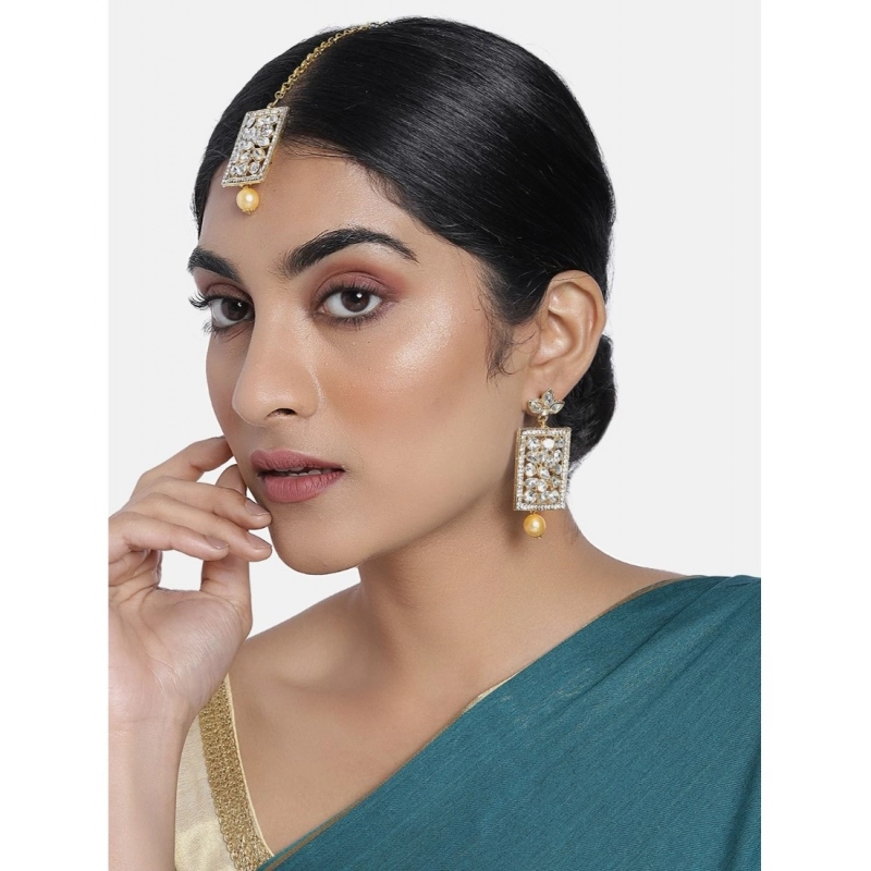 Generic Women's Rose Gold Plated Alloy Kundan Earrings &amp; Mangtikka (White)