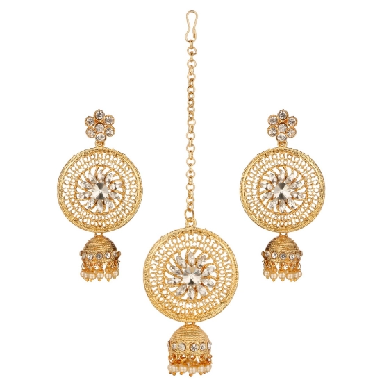 Generic Women's Rose Gold Plated Alloy Kundan Earrings &amp; Mangtikka (White)