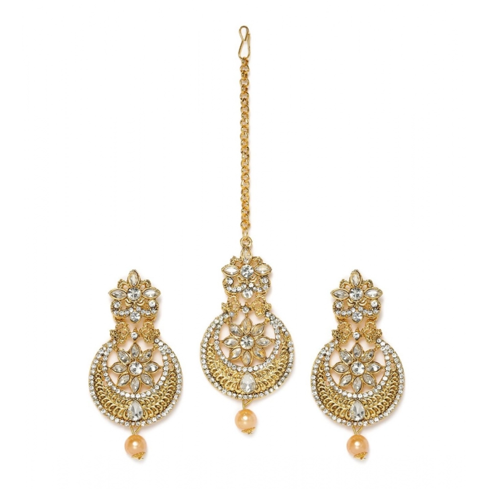 Women's Rose Gold Plated Alloy Kundan Earrings & Mangtikka (White)