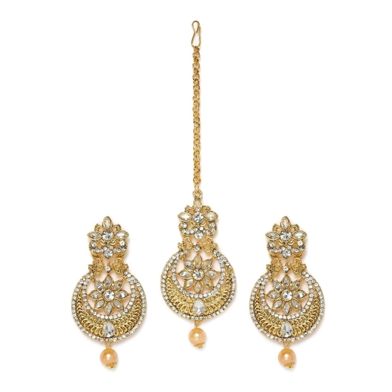 Generic Women's Rose Gold Plated Alloy Kundan Earrings & Mangtikka (White) Generic Women's Rose Gold Plated Alloy Kundan Earrings & Mangtikka (White)