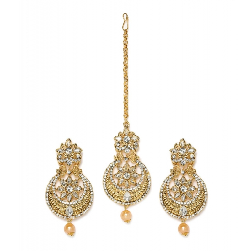 Generic Women's Rose Gold Plated Alloy Kundan Earrings &amp; Mangtikka (White)