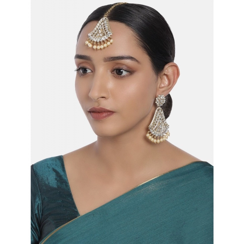 Generic Women's Rose Gold Plated Alloy Kundan Earrings &amp; Mangtikka (White)