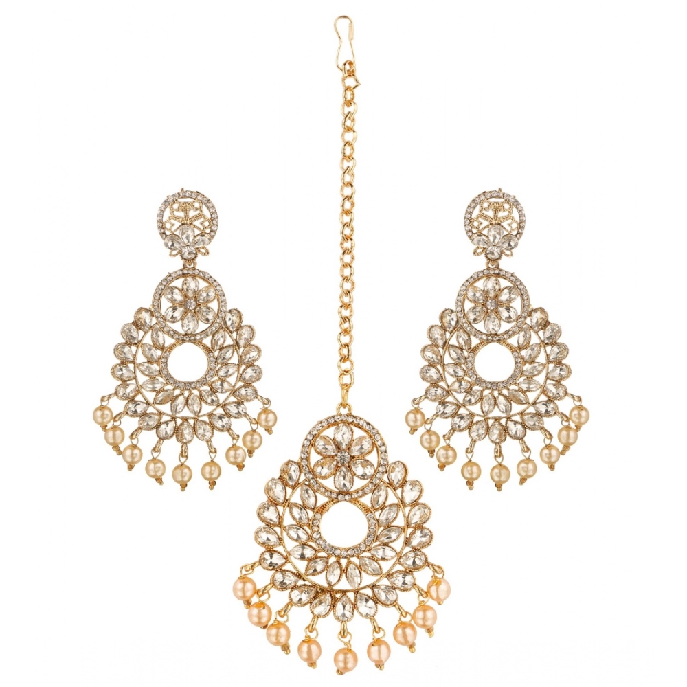 Women's Rose Gold Plated Alloy Kundan Earrings & Mangtikka (White)
