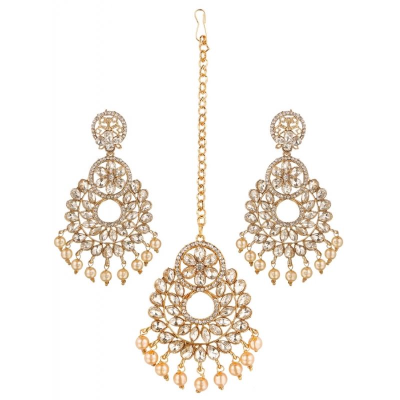Generic Women's Rose Gold Plated Alloy Kundan Earrings &amp; Mangtikka (White)