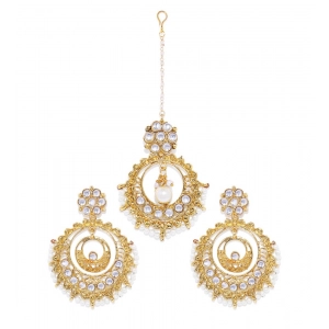 Generic Women's Rose Gold Plated Alloy Kundan Earrings &amp; Mangtikka (White)