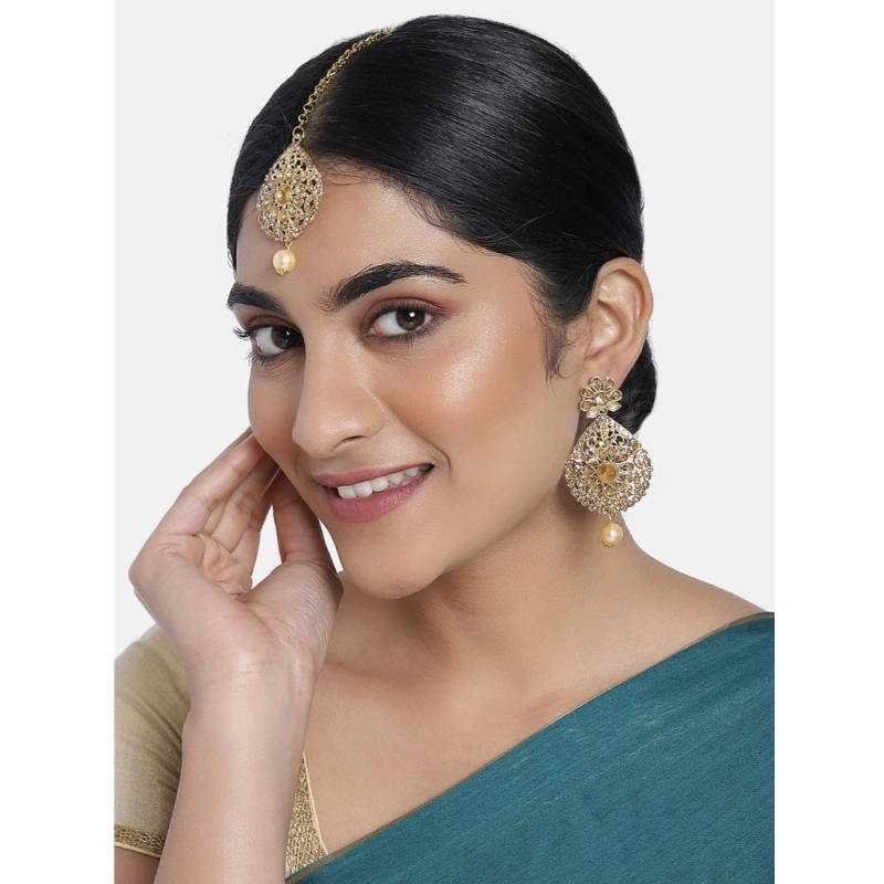 Generic Women's Rose Gold Plated Alloy Kundan Earrings &amp; Mangtikka (Gold)