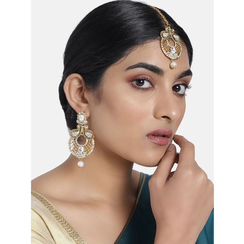 Generic Women's Rose Gold Plated Alloy Kundan Earrings & Mangtikka (White) Generic Women's Rose Gold Plated Alloy Kundan Earrings & Mangtikka (White)