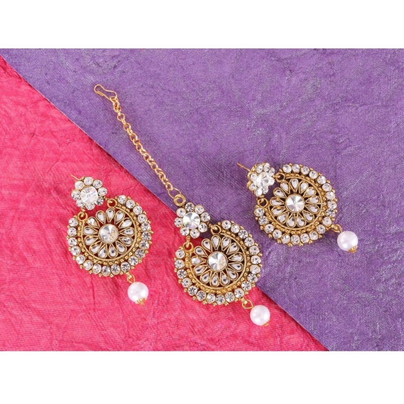 Generic Women's Rose Gold Plated Alloy Kundan Earrings &amp; Mangtikka (White)