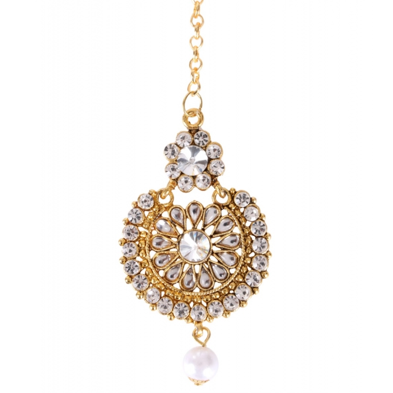 Generic Women's Rose Gold Plated Alloy Kundan Earrings &amp; Mangtikka (White)